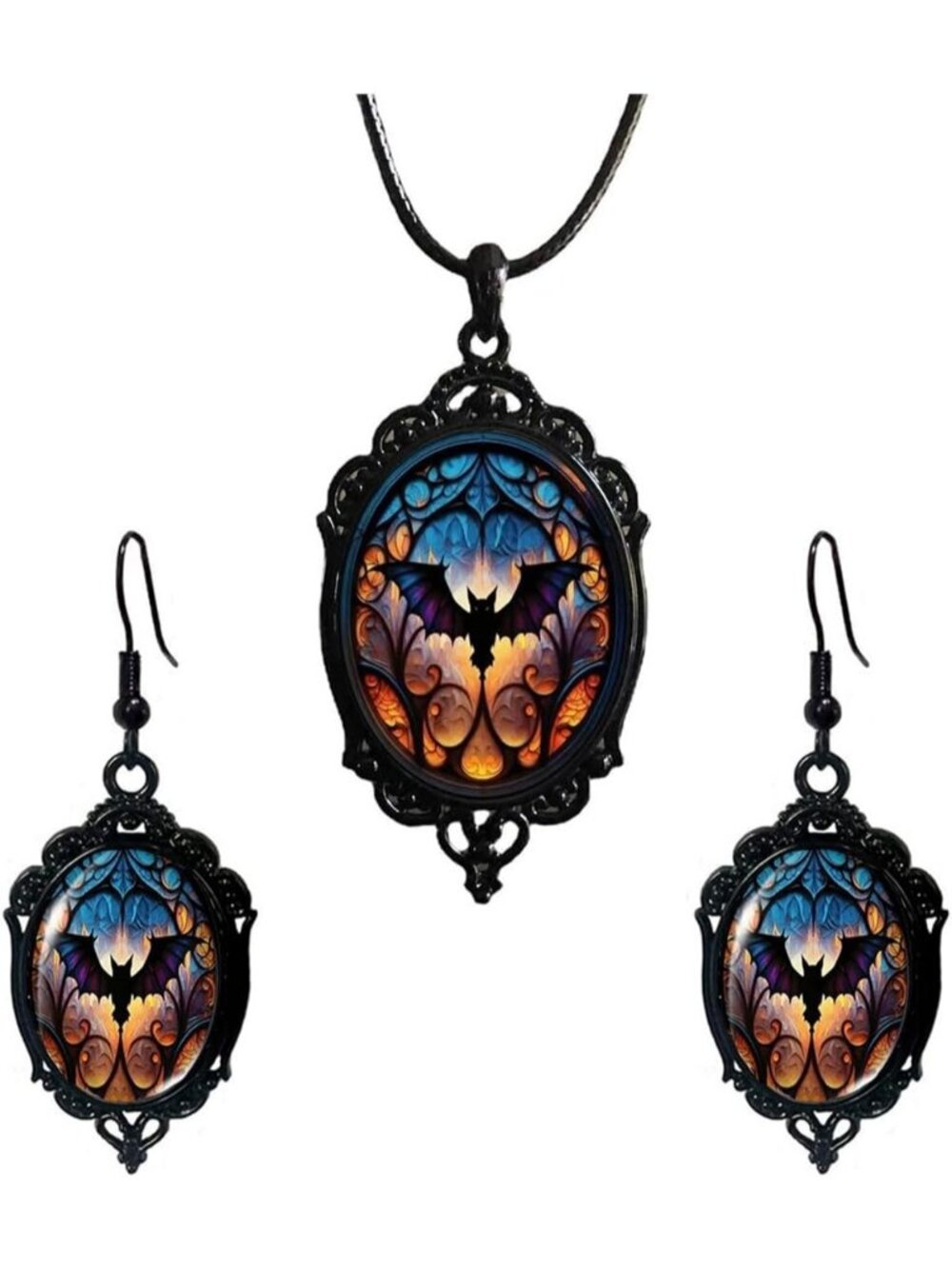Vintage Gothic Raven Bat Witch Jewelry Set Cameo Necklace Earrings- B1:Blue Bat